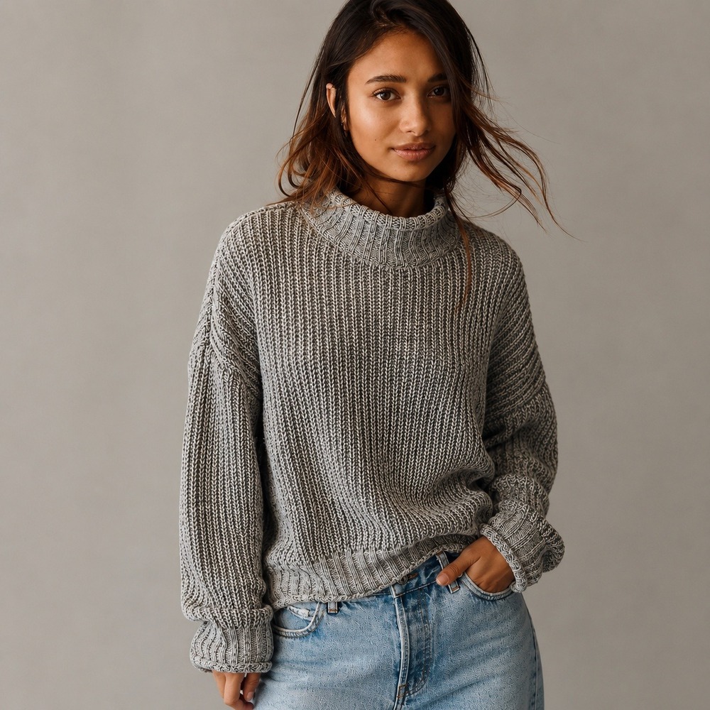 Garage Grey Ribbed Chunky Knit Mock Neck Sweater Womens Size L Oversized Slouchy